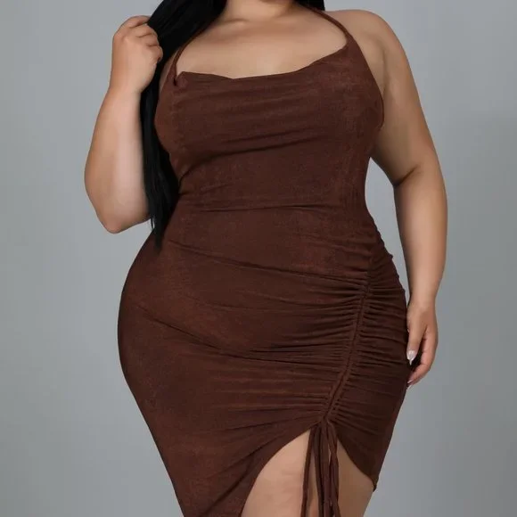 Dresses | Curvy Brown Ruched Dress | Poshmark